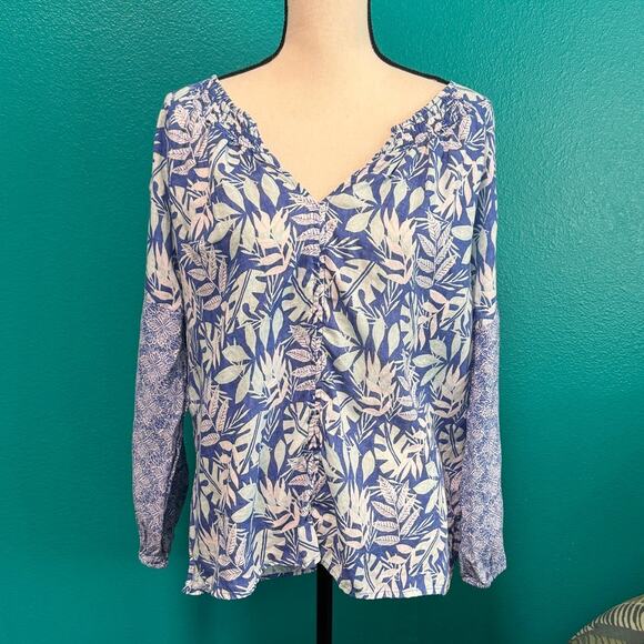 Sigrid Olsen 100% Linen Blue Botanical Long Sleeve Peasant Blouse Women's Large - Picture 2 of 10